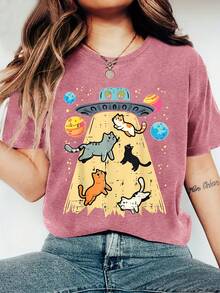 Adorable Cat Print, Comfortable, Soft, Elegant, Vintage, Casual, Versatile For Parties, Available In Sizes S-XXL, Suitable For Spring, Summer, Autumn And Winter, Sporty Style KWCN - 紅色 - 查看 1