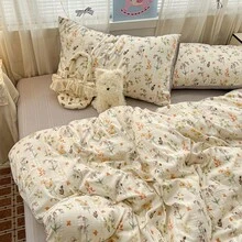 4件組被套組，彩色鮮豔花卉印花被套，法式浪漫宮廷風床上用品套裝，拉鍊開合，柔軟透氣聚酯纖維被套組，附清新花卉與田園植物圖案，包含1件被套（不含填充物）、1件床單、2件枕套（不含填充物） - 秋菊 - 查看 7