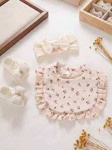 3PCS Baby Floral Bibs, Elastic Solid Color Nylon Headbands, Bow Decor Anti-Slip Short Socks, Cute Newborn Bibs & Headband Set - Multicolor - View 14