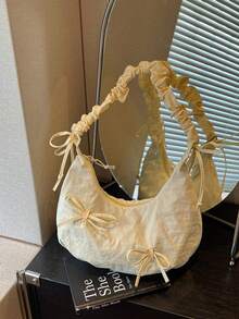 1件米色蝴蝶結尼龍布料百褶雲朵包，附拉鍊開口，女款單肩斜挎手提托特包，適合四季，年輕風格 - 米色 - 查看 5