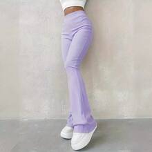 Leggings casuales populares de canalé, corte ajustado y sencillo, pantalones de moda de cintura alta en color sólido. - Plateado - Ver 3