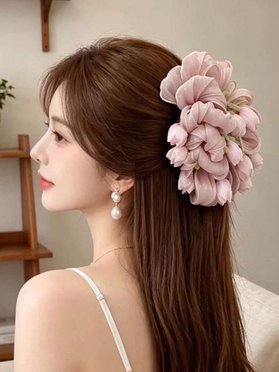 1件女款粉色大號泡泡紗蝴蝶結鬱金香花朵髮夾,優雅時尚森系公主風髮夾,適合日常佩戴、派對、拍照 - 粉色 - 查看 1