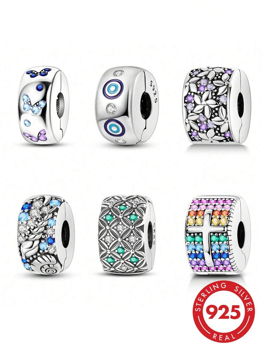 1pc Romantic Good Luck Totem Style S925 Sterling Silver Low Hypoallergenic Shiny Four-Leaf Clover Butterfly Evil Eye Flower Cross Ocean Paw Print Fixed Clip Bead, Suitable For Original Bracelet, Women's DIY Jewelry Making, Birthday Gift - Multicolor - View 1