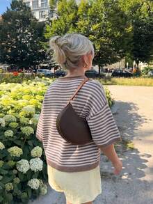 Vivid Style Summer/Autumn Basic Brown Striped Button-Up Cardigan, Old Money Style Short Five-Sleeve Knit Top, Back To School Outfit Inspiration Fall - Khaki - View 4
