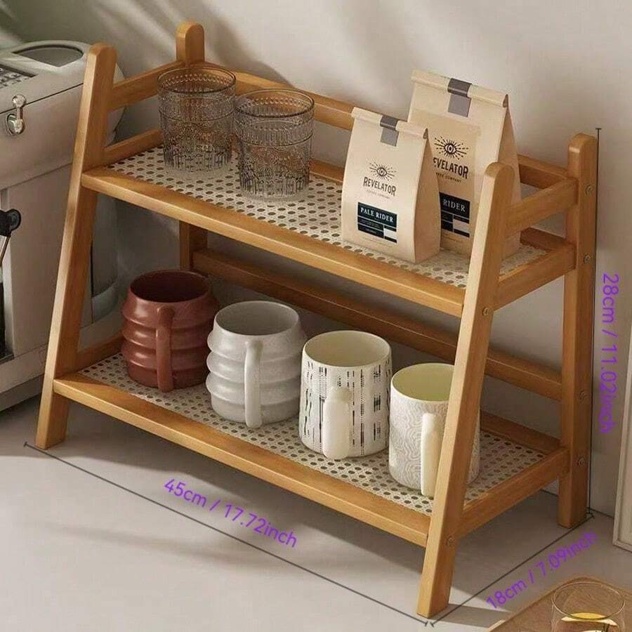 Estante de almacenamiento de bambú de doble capa para tazas deé, tazas de café, especiero, estante para macetas, estante de almacenamiento a prueba de humedad y con drenaje para cocina y oficina. - Color madera natural - Grande - Ver 1