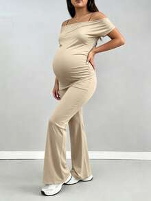 2pcs Maternity Set - Flared Pants & Casual Crop Top, Minimalist Elegant Gray Summer - Khaki - View 4