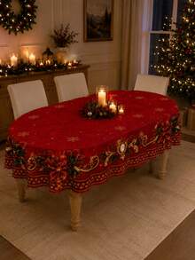 1 Stück luxuriöse rote und goldene Stechpalmen-Schleife mit verzierter Randdruck runde Tischdecke - ideal für formelle Feiertagsdekoration, Heimdekoration, Raumdekoration, Garten, Küche, Hochzeit, elegantes Weihnachtsessen & Neujahrsfeier - Verschiedenfarbig - Übersicht 8