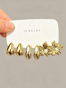 6-24 piezas Pendientes de moda para mujer en color dorado, forma de gota de agua redonda completa, textura metálica brillante, diseño minimalista de alta gama con flor de metal único, estilo vintage suave, aro grueso y liso curvado, estilo versátil europeo y americano adecuado para ir al trabajo y vacaciones - Dorado - Ver 6