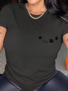 Colección de Primavera y Verano con una Camiseta de Manga Corta y Cuello Redondo Decorada con un Adorable Diseño de Huella de Pata en la Espalda, Perfecta para un Uso Casual y Versátil. - Blanco - Ver 11