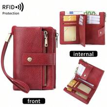 極簡風女款 RFID 防盜三折錢包，大容量手拿包附可拆式腕帶，多卡槽拉鍊防盜卡夾，現代商務休閒風，適合生日/教師節/週年紀念/情人節禮物，熱銷款，適合女性商務休閒通勤辦公白領，腕帶錢包手拿小錢包 - 彩色 - 查看 9