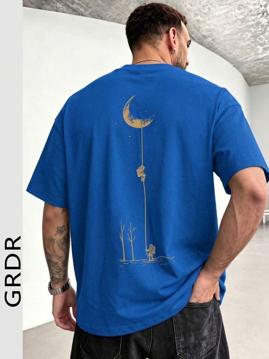 GRDR 男士时尚印花宽松短袖T恤 | 精致设计 | 夏季必备 | 易于搭配,展现您的风格 - 藍色 - 查看 1