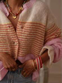 Early Autumn New Striped Colorblock Cardigan Sweater, Loose Straight Silhouette Niche Style Outerwear Fall - Hot Pink - View 7