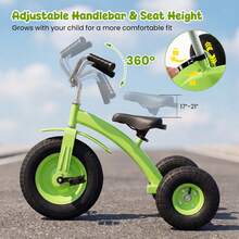 Kids Tricycle W/15 Inch Inflatable Rubber Tires Adjustable Handlebar & Seat - Green - View 5