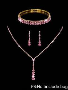 4pcs Rhinestone Jewelry Set, Sparkling Necklace Earrings Bracelet, Pleated Satin Box Evening Clutch Bag, Party Bag, Formal Dress Bag, Evening Bag, Chain Bag, Wedding Clutch, Wedding, Pink, Party Bag, Wedding Supplies - Pink - View 12