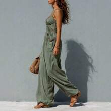 Solid Color Strapless Sleeveless Sexy Long Dress, Vacation Style Jumpsuit Women Boho Vacation Halter Sleeveless Cut Out Long Wide Leg Jumpsuit - Green - View 5