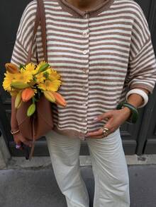 Vivid Style Summer/Autumn Basic Brown Striped Button-Up Cardigan, Old Money Style Short Five-Sleeve Knit Top, Back To School Outfit Inspiration Fall - Khaki - View 5