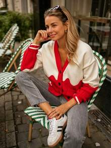 Women's Autumn-Winter Fashionable Red And White Striped Wave Knit Cardigan. Simple, Loose, Soft, Comfortable, Versatile, As A Coat, Can Be Worn Alone. - Red - View 1