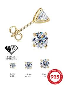 1pc 0.1ct Moissanite Stud Earrings 18K Gold Plated 925 Sterling Silver Flat Back Earrings Unisex D Color VVS1 Clarity - Gold - View 3