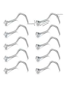 10pcs 316L Hypoallergenic Stainless Steel S-Shaped Nose Studs, 2 Styles (Claw & Bezel) Clear CZ Nose Piercing Jewelry, Women's Daily Wear Nose Rings - 10pcs - View 8