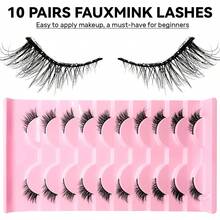 10 Pairs Natural Half-Piece Cat Eye Style False Eyelashes, Fluffy Long 3D Faux Mink Hair False Eyelashes Set, Soft False Eyelash Strips, Suitable For Cosplay And European And American Style Eyelash Extensions - Black - View 7