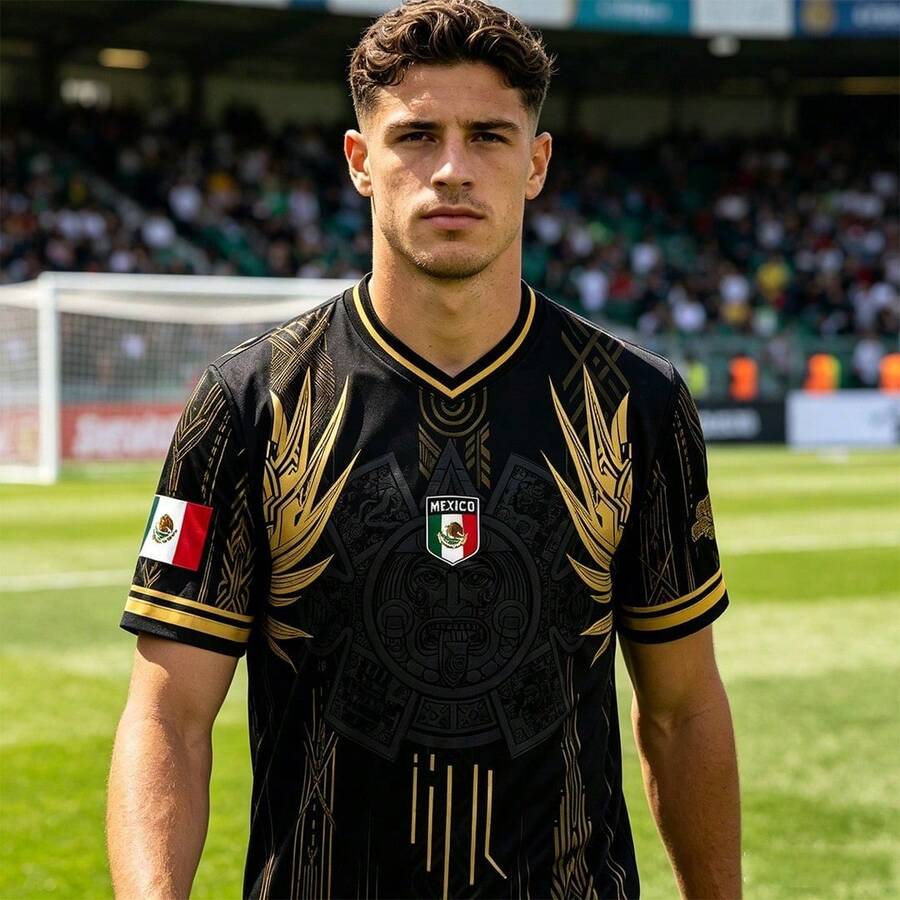Men Mexico Soccer Jersey  Calendar Graphic Print Gold Accent Football Shirt  Short Sleeve Casual Sporty Streetwear Top - Default - View 1