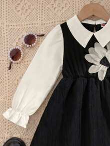 Young Girl' Princess Sleeve Drawstring Collar 3D Floral Mesh Lining Side Slit Fashion Dress - Black - View 4