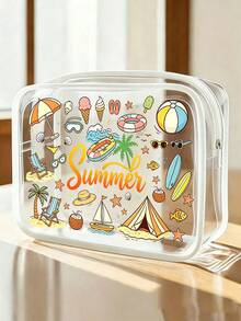 海灘夏季主題印花 PVC 防水海灘包，附貝殼與海星裝飾，PVC 化妝包，PVC 拉鍊旅行收納包，輕量耐褪色化妝盥洗包，TSA 認證便攜式化妝收納盒，易清潔設計，適合女性與男性，適合母親、老師、朋友、護理師等，化妝包，學校假期旅行必備盥洗包，母親節禮物，夏季必備 - 彩色 - 查看 4
