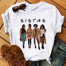 Camiseta estampada a la moda, linda camiseta negra, camiseta gráfica interesante para mujer con diseño de chica africana de cabello rizado negro. - Blanco - Ver 8