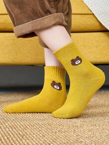 5 pares de calcetines tipo tripulación para niños de colores aleatorios, calcetines térmicos para niños pequeños con diseños de unicolor y oso de dibujos animados, adecuados para uso diario, lindos y de moda, aptos para primavera/otoño e invierno - Multicolor - Ver 3