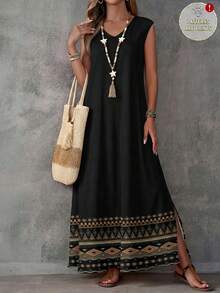 Vestido Maxi Sin Mangas Cuello V con Estampado  , Tela Lino Algodón Holgado con Abertura Lateral Mujer Estilo Boho - Flor negra - Ver 5