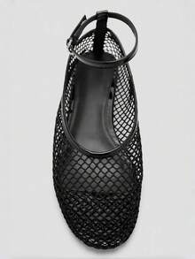 Fishnet Hollow Out Elastic Band Bow Flat Ballet Shoes Summer Comfortable Doll Shoes, Mesh Shoes - Black - View 3