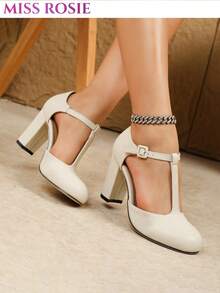 [MISS ROSIE]Women's Elegant Fashion High Heel Mary Jane Shoes T-Strap Round Toe Low Vamp Chunky Heel Comfortable Soft Non-Tiring Pink Beige Black Shoes Spring Summer New Style Bridal Shoes Summer Promotion Hot-Selling Vacation Business Etiquette Back To School Sports Mary Jane Island Wedding Shoes Commute Shoes Y2K Millennium Style Internet Celebrity Style Petite Height-Increasing French Vintage Ultra High Heel - Apricot - View 1
