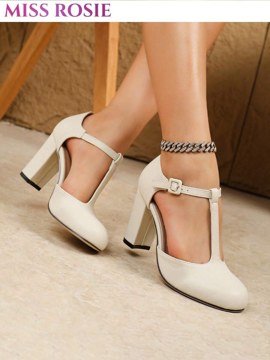 [MISS ROSIE]Women's Elegant Fashion High Heel Mary Jane Shoes T-Strap Round Toe Low Vamp Chunky Heel Comfortable Soft Non-Tiring Pink Beige Black Shoes Spring Summer New Style Bridal Shoes Summer Promotion Hot-Selling Vacation Business Etiquette Back To School Sports Mary Jane Island Wedding Shoes Commute Shoes Y2K Millennium Style Internet Celebrity Style Petite Height-Increasing French Vintage Ultra High Heel - Apricot - View 1