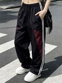 Women's Autumn Clothing, Geometric Pattern Decoration, Side Stripe Design, Drawstring Waist, Commute, School, Office Wear, Y2K Style, Sporty Casual Wear - Black - View 6