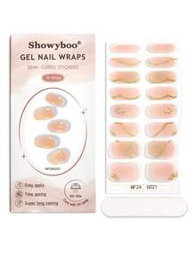 Showyboo 半固化凝膠美甲貼 16片，優雅精緻裸粉色波浪金線設計全覆蓋美甲貼，時尚美甲用品，適合女性與女孩日常通勤、約會及開齋節美甲 - 彩色 - 查看 8