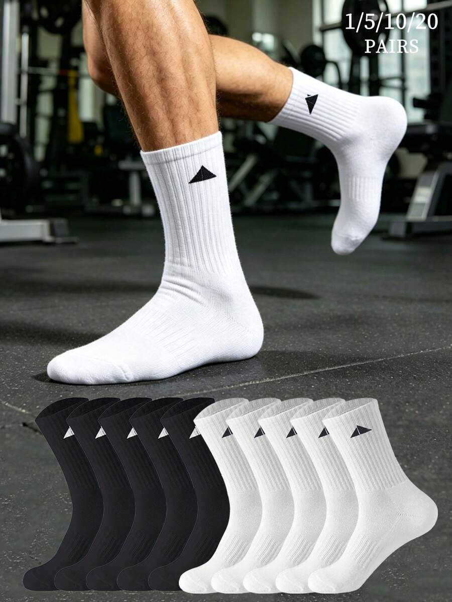 1/5/10/20 Pairs Men's Ribbed Comfortable Durable Mid-Calf Socks, Triangle Pattern Sports Socks, Suitable For Casual Fitness Sports, Daily Wear - Multicolor - View 1