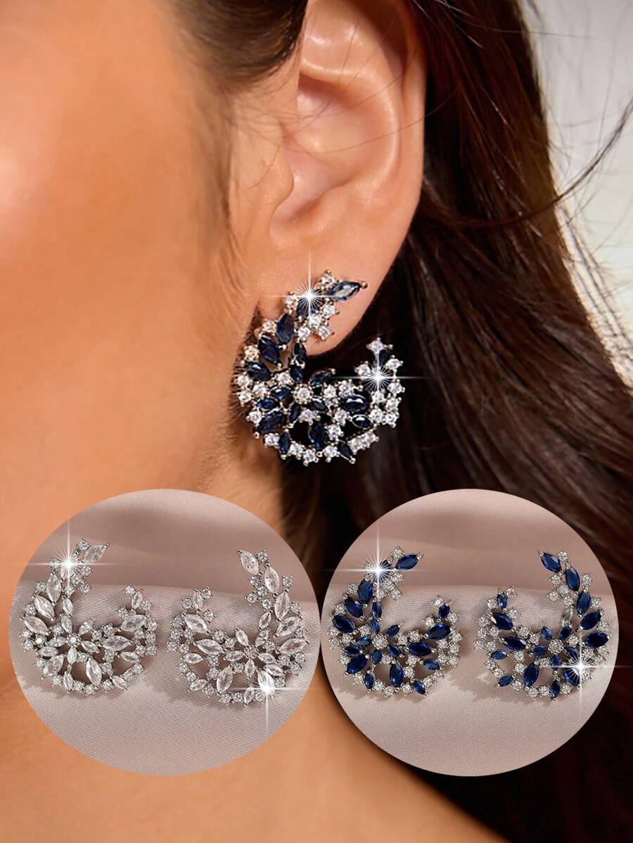 1 par de elegantes pendientes de botón con forma de hoja y flor de circonita cúbica, adecuados para boda, compromiso, fiesta, vacaciones, uso diario de mujeres, regalo de joyería de cobre - flor - Ver 1