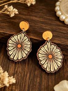 1 Pair Bohemian Light Orange Wooden Round Disc With Vintage Line Daisy Print Long Earrings - Orange - View 5