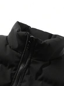 Men's Winter Letter Print Casual Stand Collar Solid Color Thermal Lined Padded Coat - Black - View 6