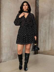 Roveilla Vestido de lunares negros con cuello en V y cintura con lazo, talla grande, otoño/invierno - Blanco - Ver 6