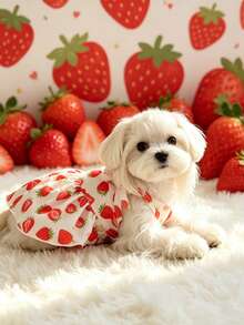 Fresh Strawberry Print Camisole Pet Dress, Bow Tie Strap Dog Dress For Maltese Teddy, Breathable Summer Princess Dress For Small And Medium Puppies, Lightweight Outdoor Photo Outfit - Red and White - View 7