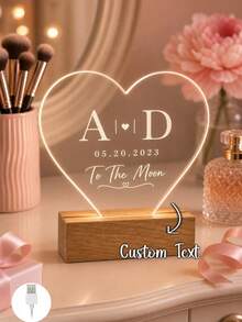 1PC Personalized Heart Shape Acrylic Night Lamp, Custom Initials Date Love Message LED Light With Wooden Base, Warm Glow Vanity Table Decor, Romantic Gift For Her, Wife, Girlfriend, Bride, Anniversary Wedding Bedroom Decor - Multicolor (Style 2) - View 2