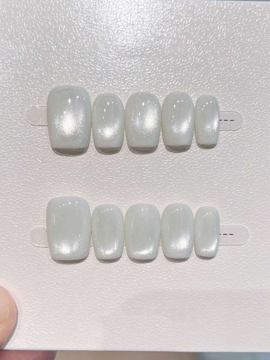 10pcs Handmade Short Square Nail Stickers, Cream White Full Pearl Cat Eye, Pure Minimalist Elegant Style, Suitable For Women And Girls, Spring Summer Autumn Winter Holidays Vacation Party And Daily Use - White - View 1