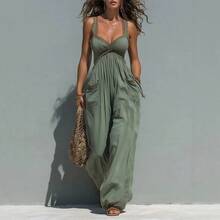 Solid Color Strapless Sleeveless Sexy Long Dress, Vacation Style Jumpsuit Women Boho Vacation Halter Sleeveless Cut Out Long Wide Leg Jumpsuit - Green - View 2