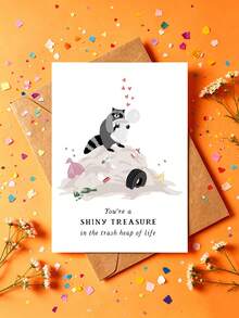 1pc "Shiny Treasure" Funny Raccoon Birthday Card With Envelope – Cute Trash Panda Trash Heap Cartoon Design – Heartfelt Encouragement Greeting For Friends & Loved Ones – Blank Inside - A - View 1