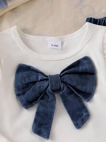 Baby Girl Spring/Autumn Fashion Denim Bow Decor White Ribbed Flutter Sleeve Long Sleeve Top And Frayed Bow Patch Denim Pants Set - White - View 6