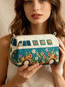Quilted Makeup Bag, Floral Bus Design Cosmetic Organizer, Travel Storage Bag, Lightweight Foldable Storage Pouch, Zipper Closure, Washable Lining, Suitable For Makeup Brushes, Lipsticks, Skincare Bottles, Jewelry, Daily Organization, Overnight Trips, Vacations, Gym Lockers, Ideal For Travel Enthusiasts, Unique Birthday Gift, Holiday Gift, Party Gift, Vacation Gift, Back To School Gift, Anniversary Gift, Teacher Gift - Multicolor - View 6