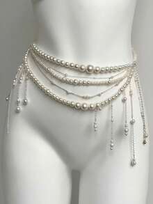 1pc French Style Elegant Luxury Multi-Layer Tassel Waist Chain Body Chain, Niche High-End Design Heavy Work Body Accessory For Dress And Pants Decoration - White Pearl - View 6