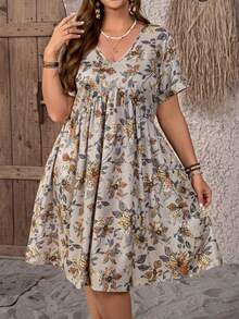 Vestido de verano con estampado floral, escote en V y manga corta para mujer de talla grande, estilo campo - Azul marino - Ver 2