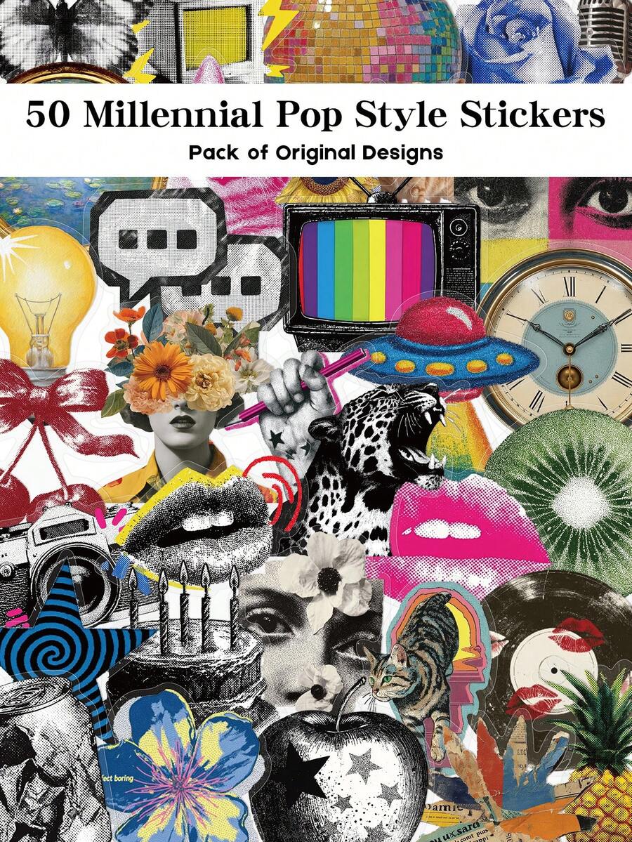 YWWBLD 50pcs Millennial Pop Style Stickers For Scrapbook, Suitcase, Laptop, Skateboard, Guitar, Decor DIY Transparent Stickers - Multicolor - View 1